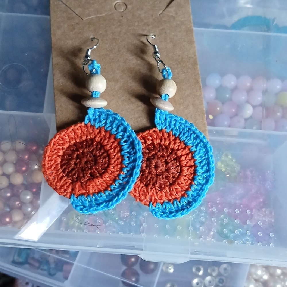 Handmade Blue & Orange Crochet Circle Drop Earrings with Wooden Beads